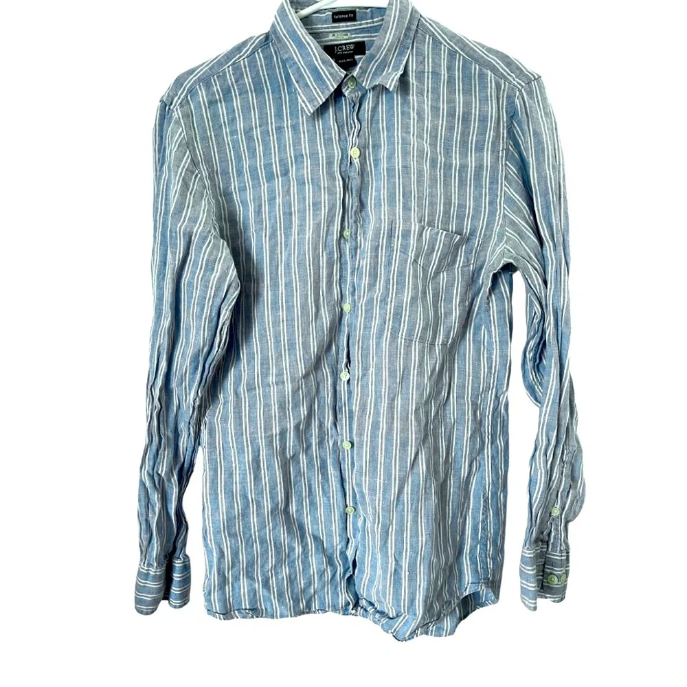 J. Crew Tailored Fit Irish Linen Blue Button Down Pinstripe Shirt